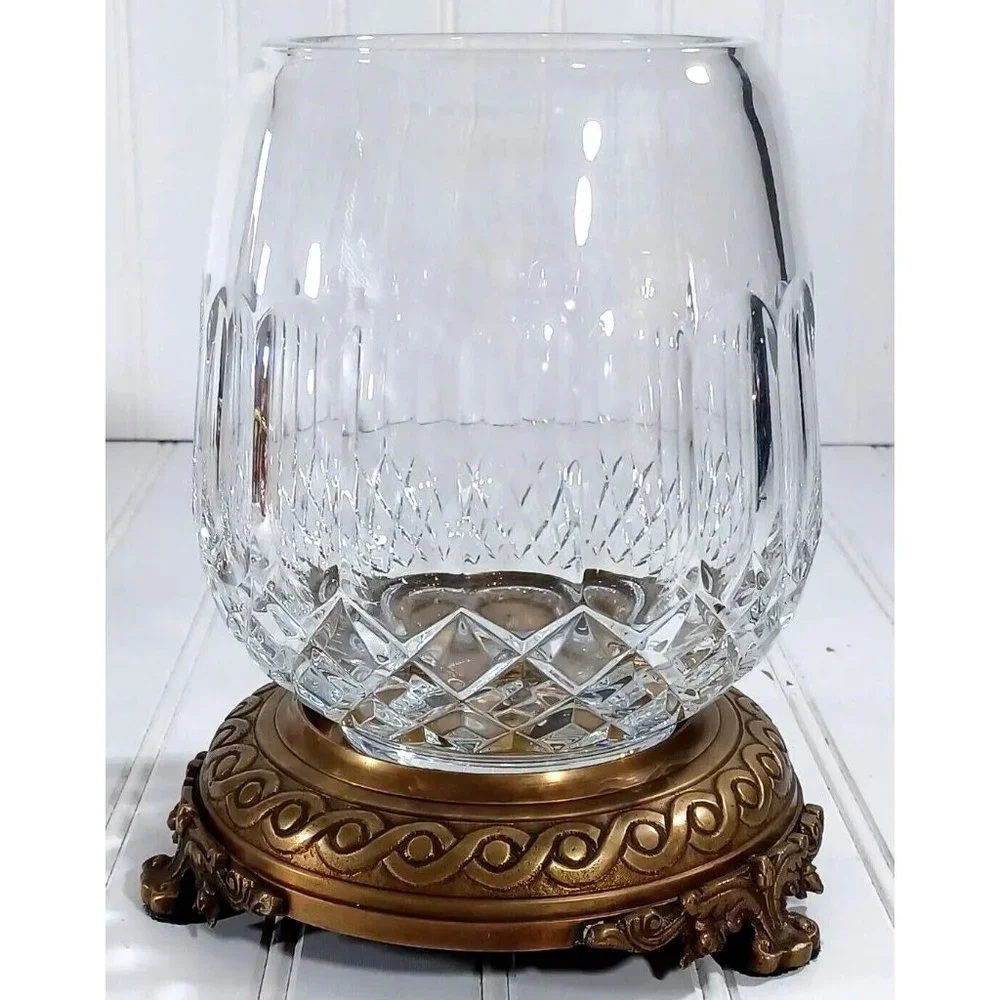 CASTILIAN  LEAD CUT CRYSTAL BRONZE PEDESTAL CANDLE LAMP CENTERPIECE BOWL VASE - Picture 10 of 11